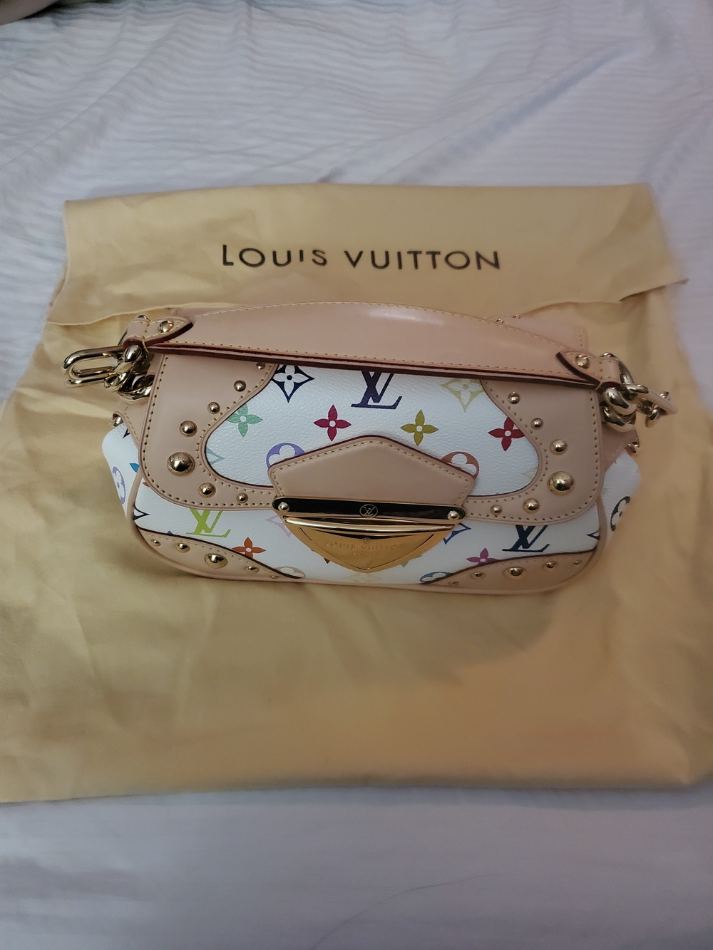 Louis Vuitton Multicolor Monogram White Leather Shoulder Bag with Beige Trim